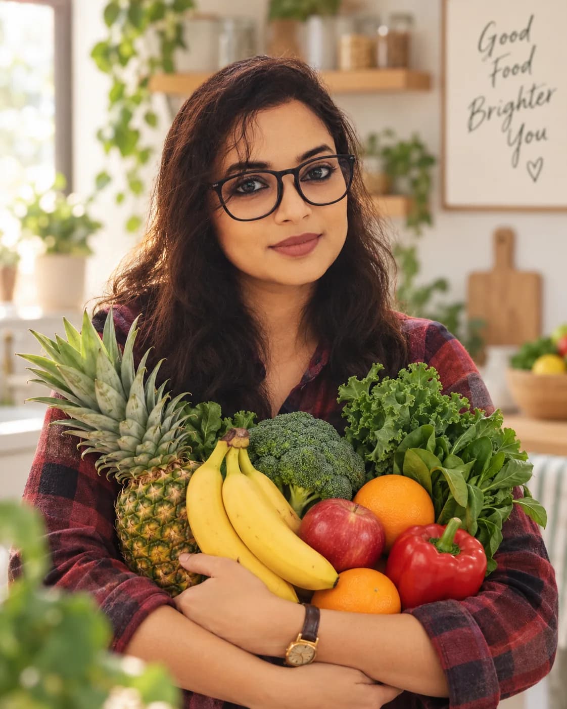 Bidisha Das holding a colourful selection of fresh fruit and vegetables